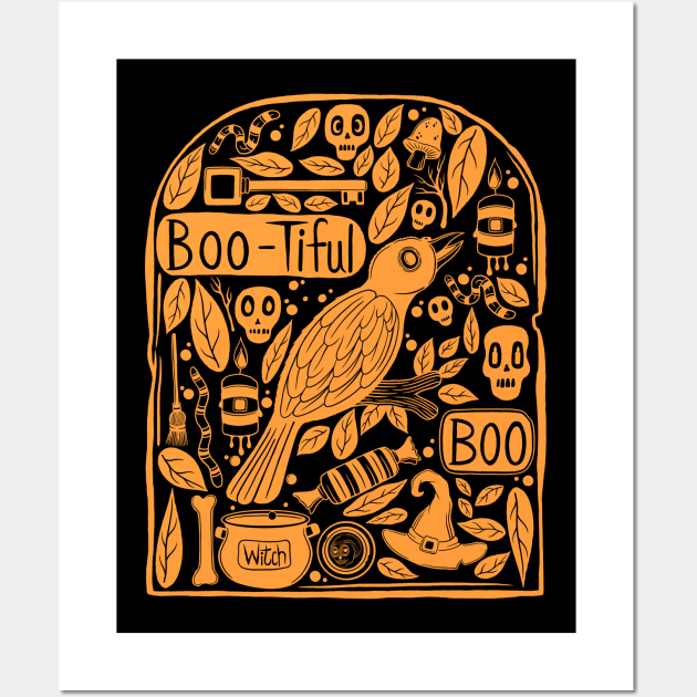 Tombstone Halloween Doodle Orange Wall Art by Scriptnbones